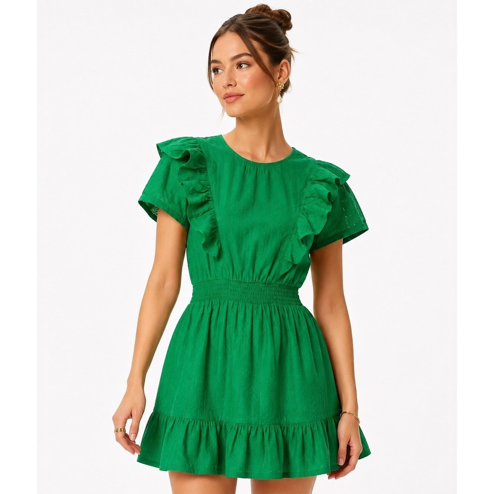 CeCe Green Ruffle Front Mini Dress Eyelet Cotton Smocked Waist L NEW